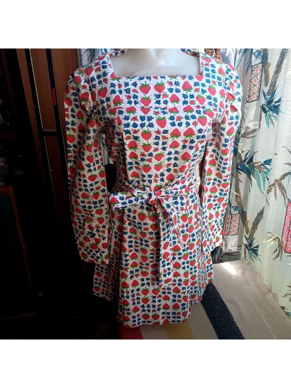 sz 10 Vintage 1960's Strawberry Print Dress Attached Waist Tie Handmade Country